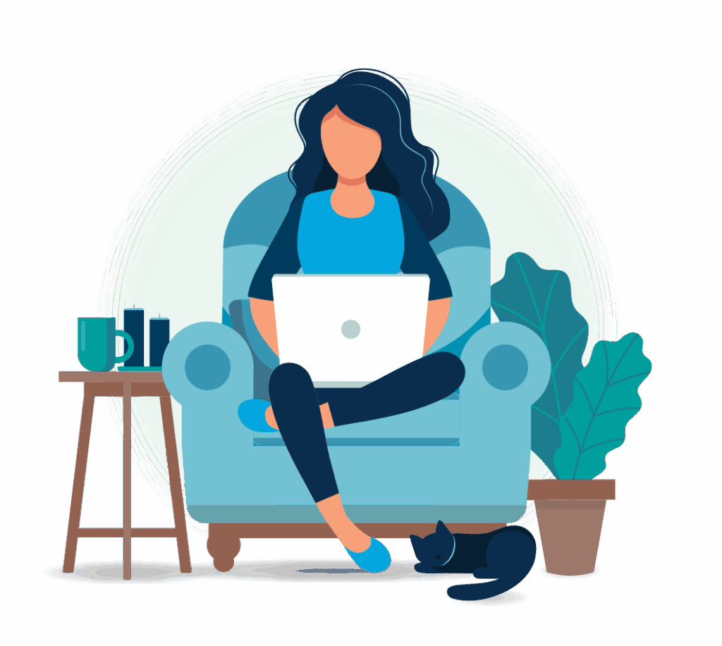 Women sitting on a couch with a laptop on her lap, and a cat on the floor